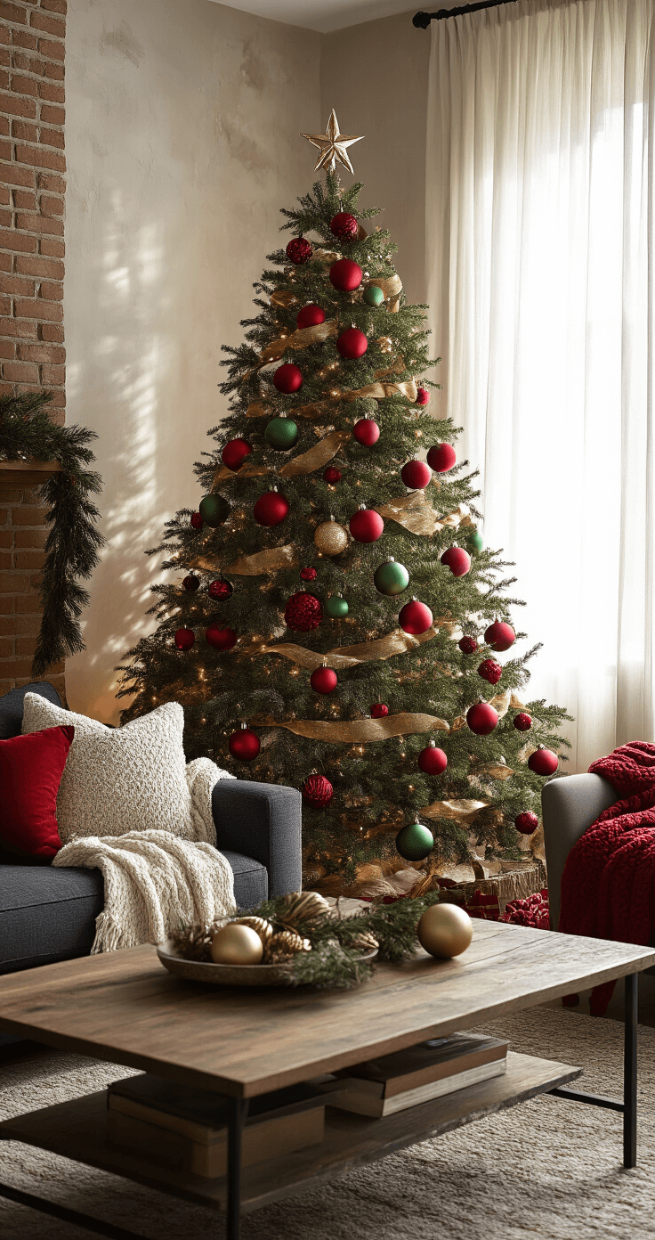 Cozy family room adorned with a Christmas tree featuring red and green ornaments, natural light filtering through sheer curtains, a rustic wooden coffee table, and a charcoal sofa with knitted blankets, set against a hardwood floor and exposed brick wall, creating a warm holiday atmosphere.