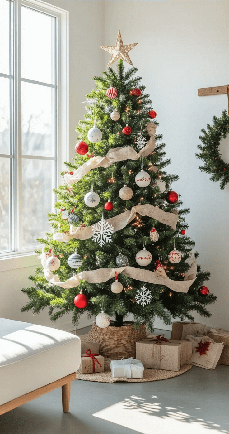 Budget-friendly studio apartment decorated for Christmas with dollar store ornaments, upcycled materials, and DIY crafts, featuring a compact tree and bright morning light through large windows, modern minimalist furniture, and personal keepsake decorations.