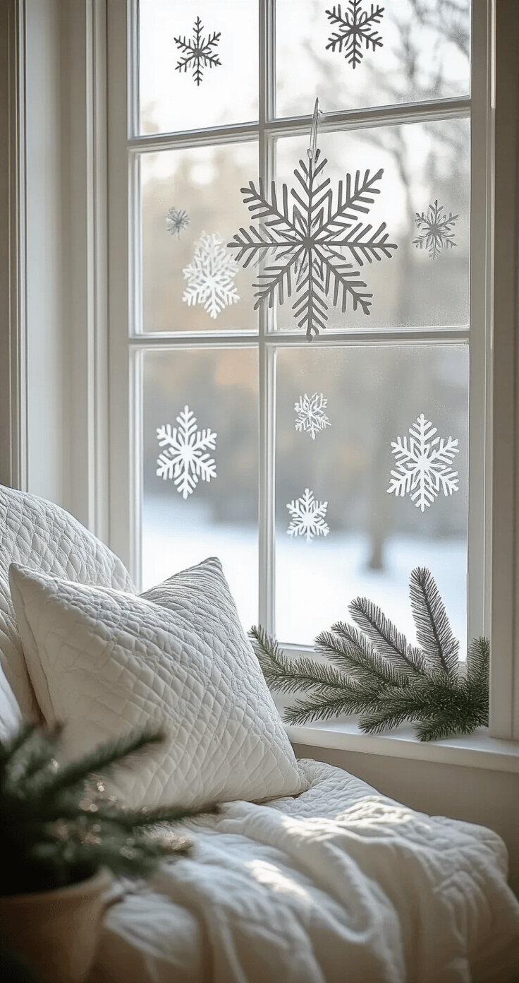 Close-up of a small cottage window adorned with handcrafted paper snowflakes, illuminated by soft morning light, featuring a cozy reading nook with a vintage quilt-covered chair and miniature evergreen sprigs, creating a serene winter wonderland atmosphere in a monochromatic white and silver palette.