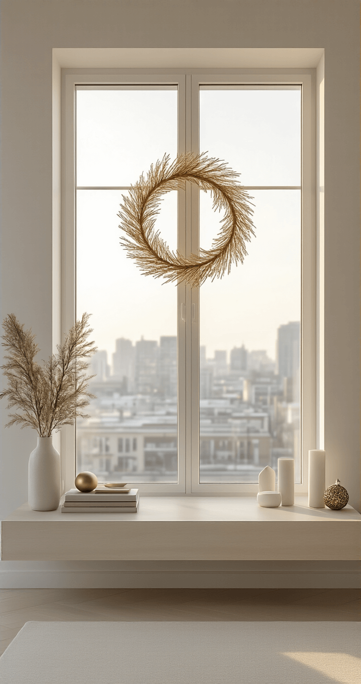 A minimalist modern window scene featuring a geometric metallic wreath in brushed gold, softly illuminated by late afternoon light, with a sleek floating shelf and sparse elegant ornaments, set against an urban view in a sophisticated champagne and white palette.