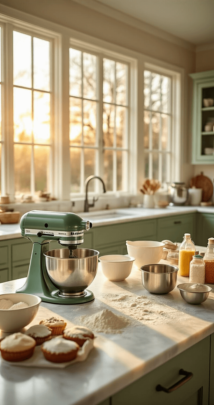 A spacious modern kitchen during golden hour, featuring white marble countertops and sage green cabinets, with a KitchenAid mixer and baking tools arranged, flour dusted surfaces, and cake decorating supplies ready for holiday baking.
