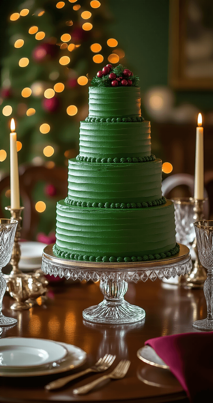 Elegant dining room with a richly decorated Christmas tree cake as the centerpiece on a mahogany table, surrounded by fine china and silver serving pieces, under warm candlelight.