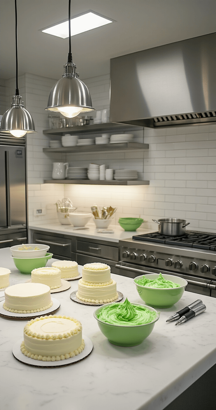 Professional home kitchen with bright task lighting, showcasing a cake decorating station on a white quartz island with multiple cake layers, green buttercream frosting in bowls, and organized piping tools, all under overhead pendant lights, in a clean environment with stainless steel appliances.