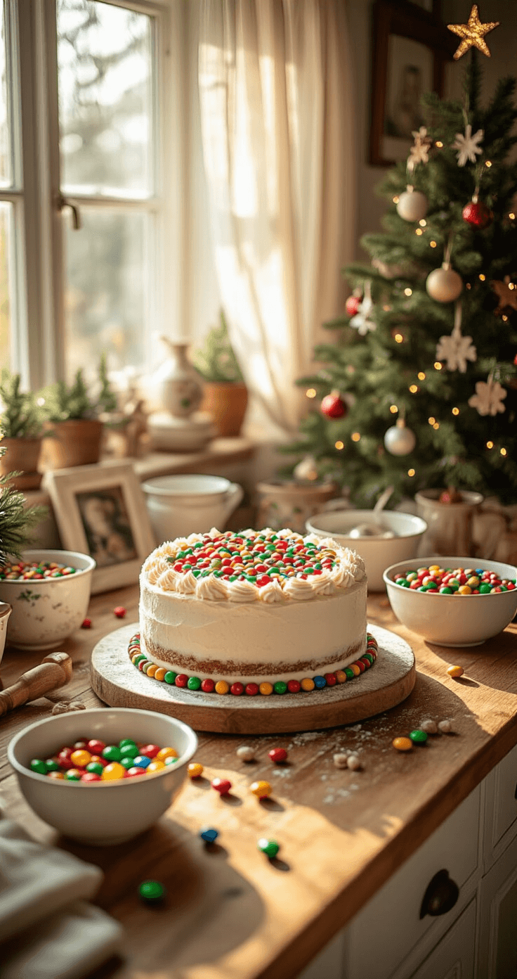 A cozy family kitchen bathed in golden afternoon light, featuring a completed Christmas tree cake adorned with colorful candy decorations, M&Ms, and scattered sprinkles, rustic wooden countertops with vintage mixing bowls, soft natural lighting through sheer curtains, and personal touches including family photos, creating a warm and joyful baking atmosphere.