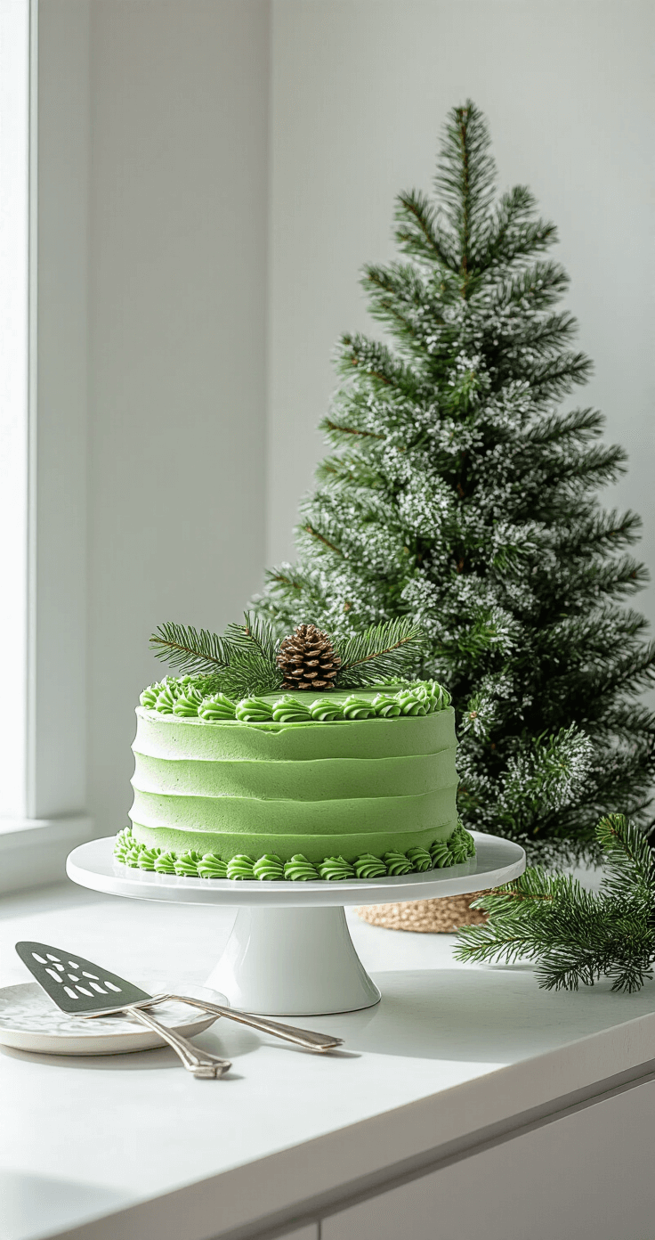 A pristine Christmas tree cake elegantly showcased in a sophisticated modern kitchen, featuring a clean white backdrop and strategic side lighting that enhances its vibrant green frosting, accompanied by minimal props including an elegant cake server and fresh evergreen sprigs, all captured in a three-quarter angle shot optimized for social media.