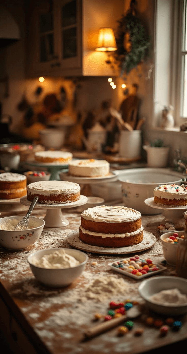 A warm, inviting kitchen filled with holiday baking chaos, featuring multiple cakes in various stages of decoration, flour-dusted surfaces, colorful decorating supplies, and soft evening lamplight creating an intimate, festive atmosphere.