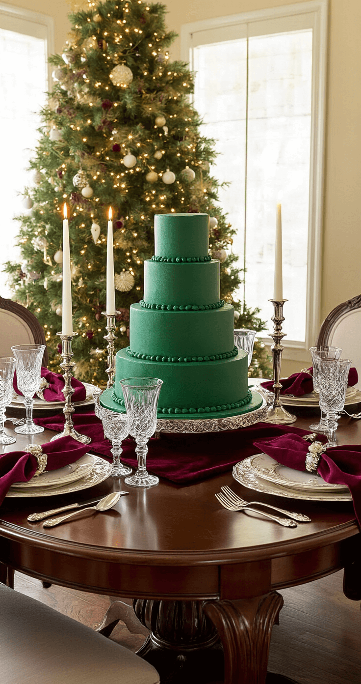 A beautifully styled holiday dining room featuring an antique mahogany table adorned with a magnificent Christmas tree cake. The table is dressed with a velvet runner, rich burgundy linens, silver candlesticks, and crystal glasses, all under low dramatic lighting that enhances the deep jewel-tone color palette. Formal place settings are elegantly arranged, showcasing a luxurious ambiance perfect for a special celebration.
