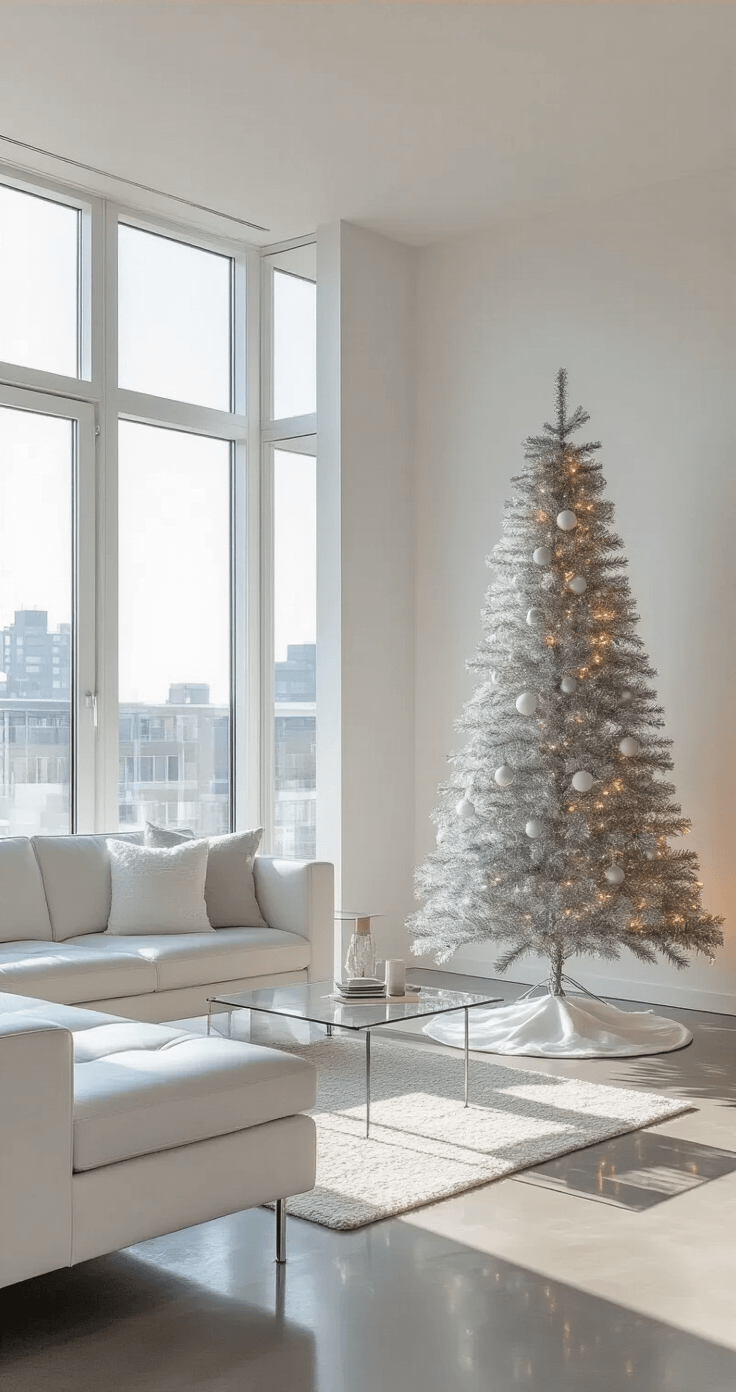 A modern minimalist apartment living space featuring floor-to-ceiling windows and polished concrete floors, filled with bright morning light. A sleek silver tinsel tree, sparsely decorated with geometric metallic ornaments and warm LED lights, stands against a white accent wall. The room includes a white leather sofa and a glass coffee table, complemented by natural wood elements, all presented in a neutral color palette of whites, silvers, and natural wood tones.