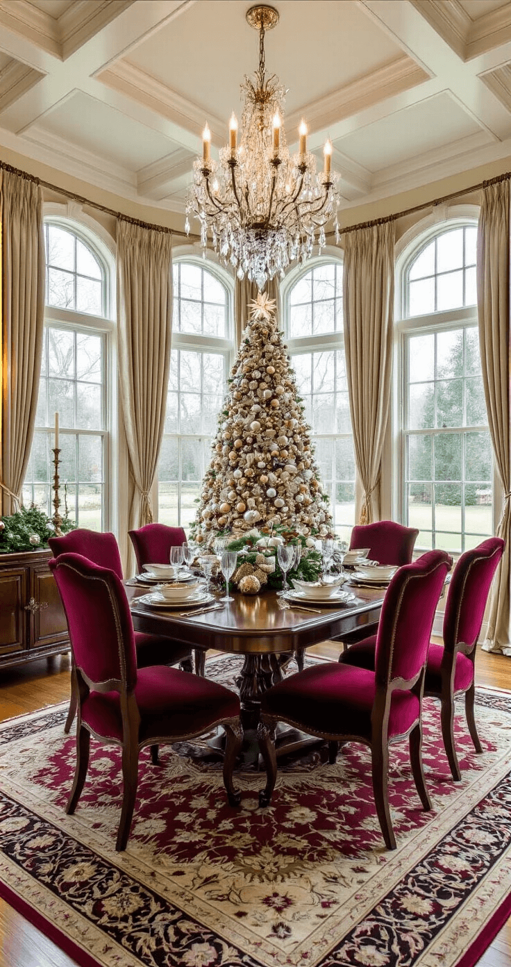 Elegant formal dining room featuring coffered ceilings and a crystal chandelier, illuminated by soft afternoon light. A spectacular 8-foot silver Christmas tree adorned with mixed metallic ornaments and vintage decorations stands in a bay window alcove, complemented by a mahogany dining table with burgundy velvet chairs and fine china. The space showcases a rich jewel tone color scheme with gold accents, a Persian area rug, and fresh greenery on the sideboard, all emphasizing luxurious holiday sophistication.