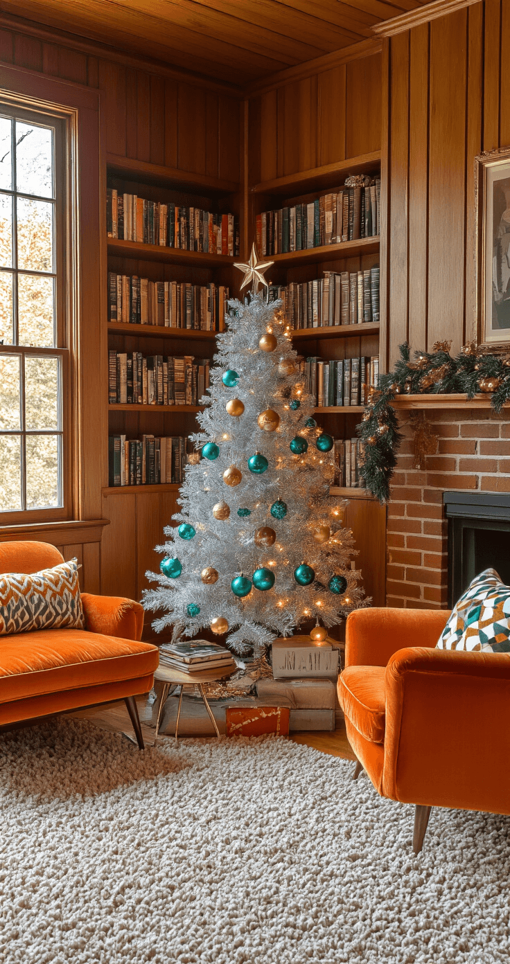 A cozy vintage-inspired den with wood-paneled walls, built-in bookshelves, and a 5-foot silver tinsel Christmas tree decorated with turquoise and gold ornaments near a brick fireplace. The retro orange velvet armchair, teak side table, and warm shag carpet complement the late afternoon golden light filtering through casement windows, capturing a nostalgic holiday ambiance.