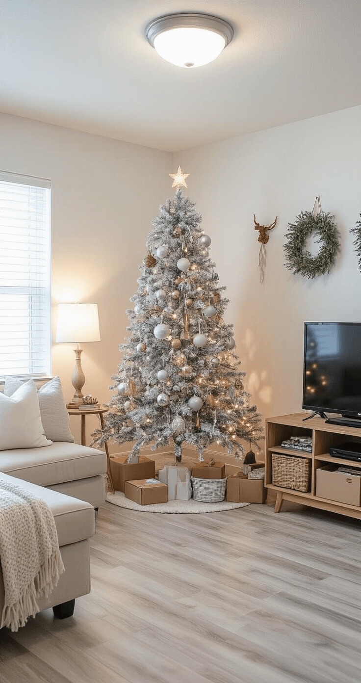 A cozy, budget-friendly apartment corner featuring white walls and laminate flooring, showcasing a modest 4-foot silver Christmas tree decorated with DIY ornaments made from affordable materials. A beige futon and wooden TV stand complement the space, adorned with handmade decorations and cozy throw blankets. Bright overhead lighting and table lamps create a warm atmosphere, highlighting the creative and resourceful holiday decor.