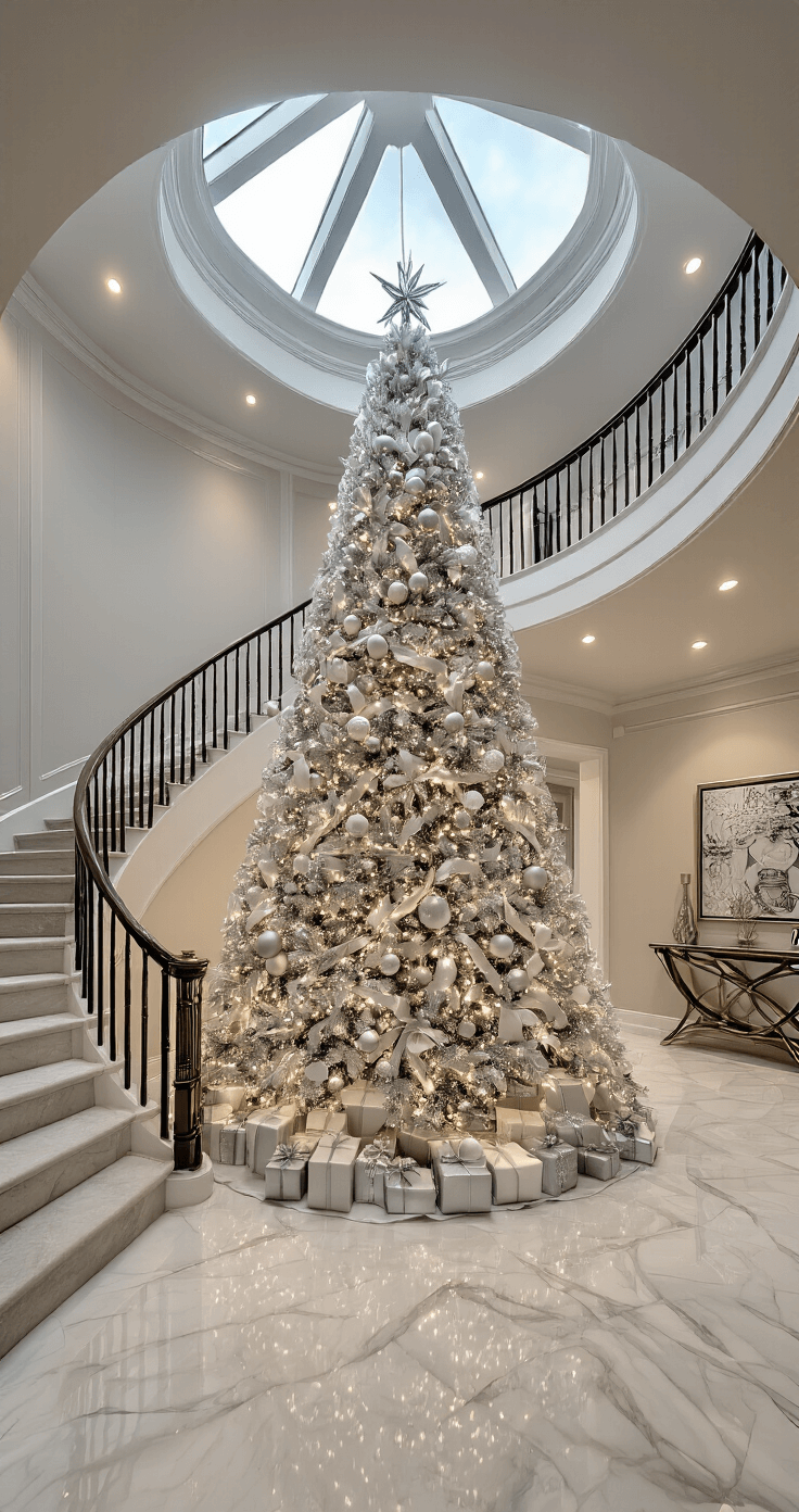 Spacious modern foyer with marble floors and a grand staircase, featuring a 9-foot silver Christmas tree at the base, lavishly decorated in a monochromatic silver and white palette, illuminated by skylight and architectural lighting, with contemporary furniture and floral arrangements accentuating the luxurious holiday entrance.