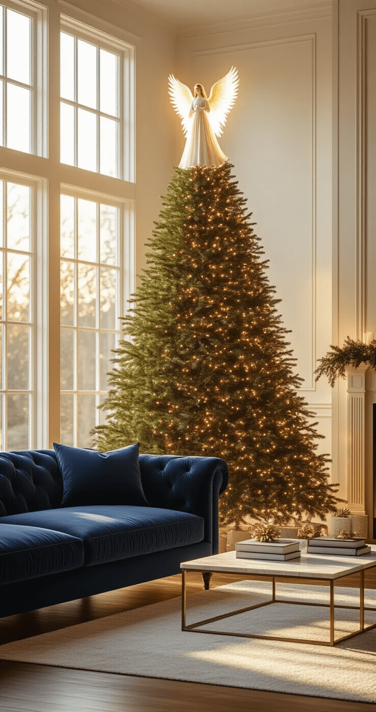 Photorealistic living room with an 8-foot Fraser fir Christmas tree topped with an illuminated angel, bathed in warm golden hour light. The scene features a navy velvet sofa, marble coffee table with holiday books, and hardwood floors reflecting lights, creating a cozy and reverent atmosphere.