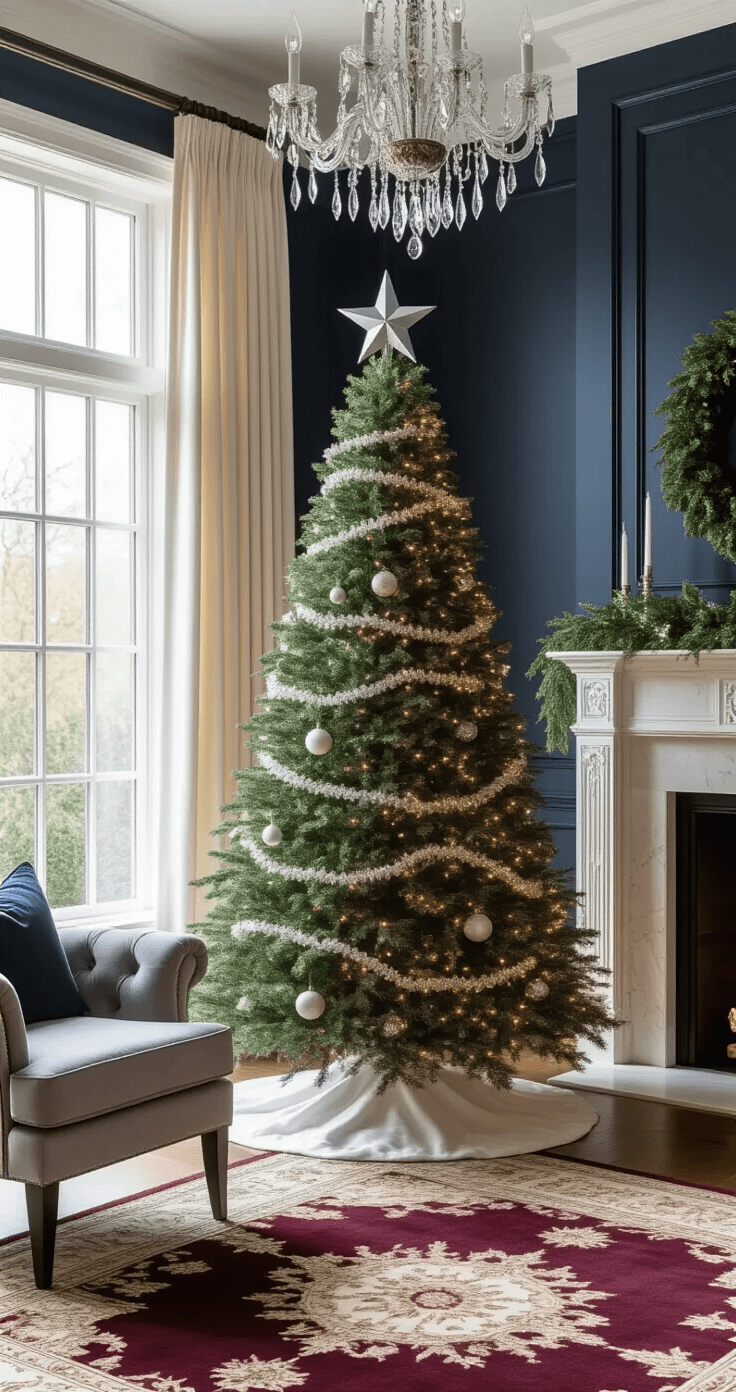 Elegant formal living room with a 6-foot Christmas tree topped with a 10-inch silver star, crystal chandelier, navy accent walls, white marble fireplace with silver garland, cream silk curtains, burgundy and gold Persian rug, and a tufted gray armchair, captured from a seated perspective.
