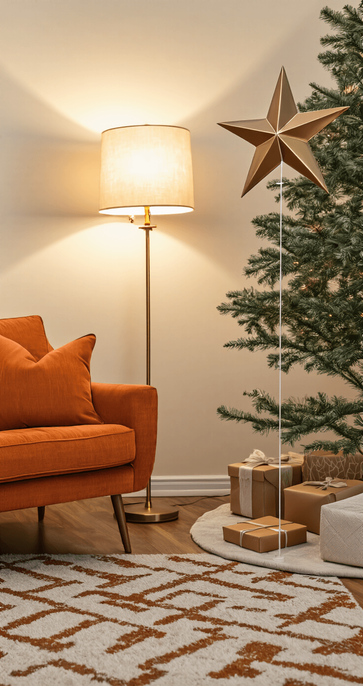 Cozy mid-century modern living room featuring a 7-foot Christmas tree with a large bronze star topper seemingly floating, supported by nearly invisible fishing line. Warm lamplight from a vintage brass floor lamp illuminates the scene, highlighting walnut furniture, a burnt orange accent chair, and a geometric patterned rug in earth tones against textured cream walls.