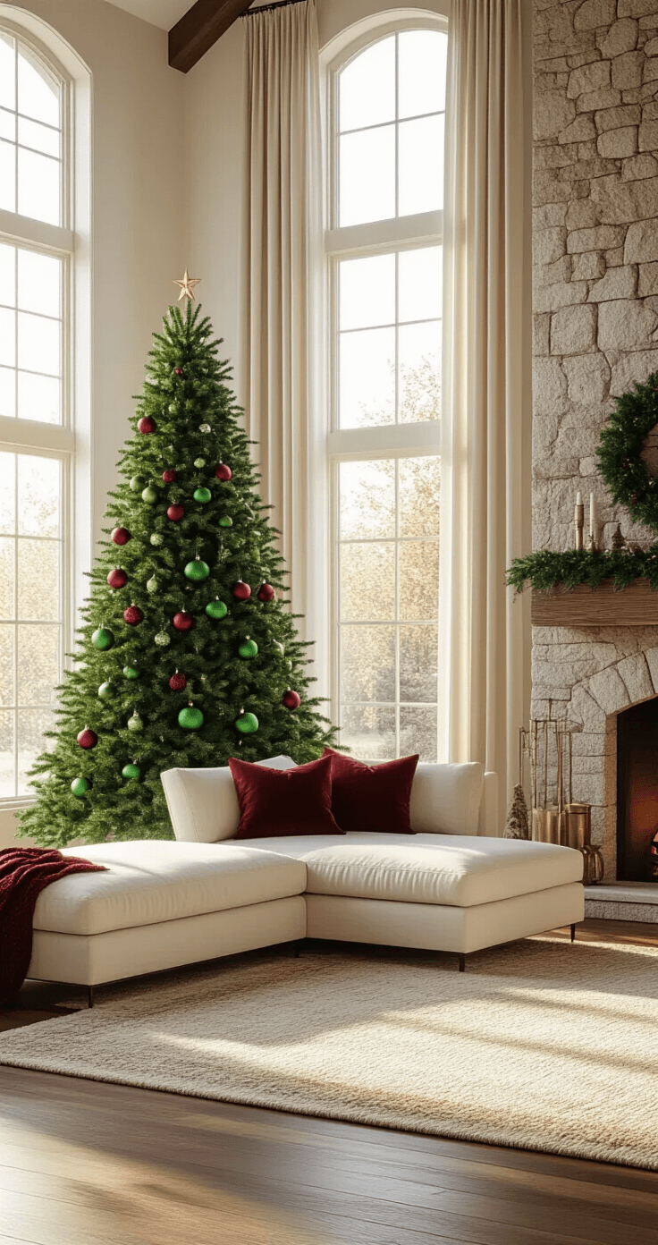 Photorealistic living room featuring a tall Grinch-green Christmas tree with emerald and crimson ornaments beside a stone fireplace, warm sunlight streaming through large windows, a cream sectional sofa with burgundy throw pillows, and rich textures from a wool rug and linen curtains, all captured in a cozy festive atmosphere.