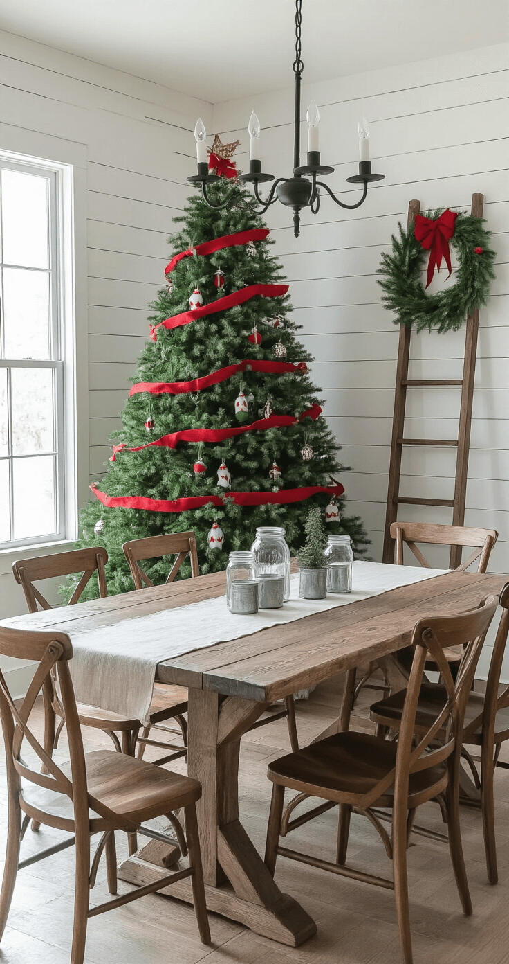 Modern farmhouse dining room featuring a Grinch-themed Christmas tree as centerpiece, illuminated by natural morning light. The space showcases whitewashed shiplap walls, a reclaimed wood dining table surrounded by ladder-back chairs, and adorned with mason jar centerpieces and galvanized metal accessories.