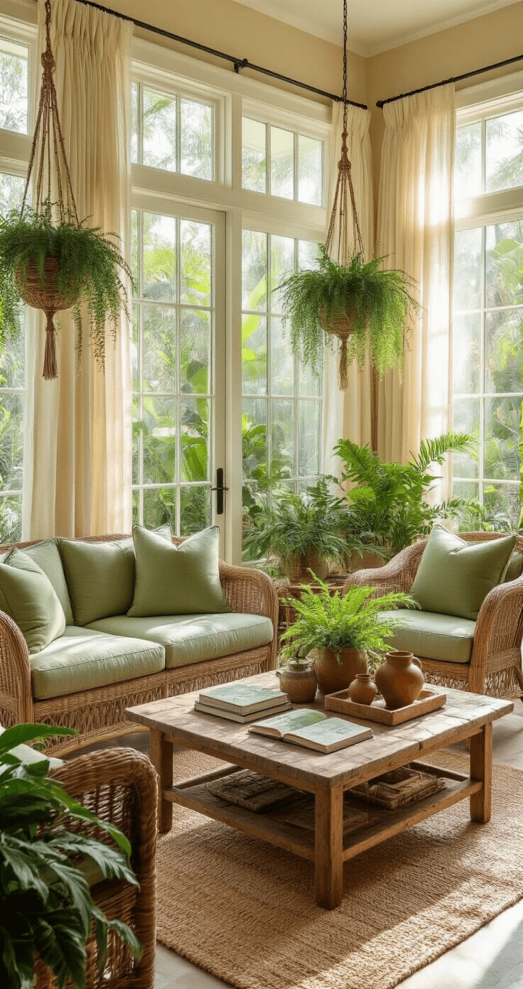 Spacious Florida sunroom with floor-to-ceiling windows overlooking a lush garden, featuring wicker furniture with sage green cushions, natural jute rugs over polished concrete, reclaimed wood coffee table with botanical guides, hanging macrame planters, warm cream walls, and decorative brass plant misters, evoking a peaceful sanctuary atmosphere.