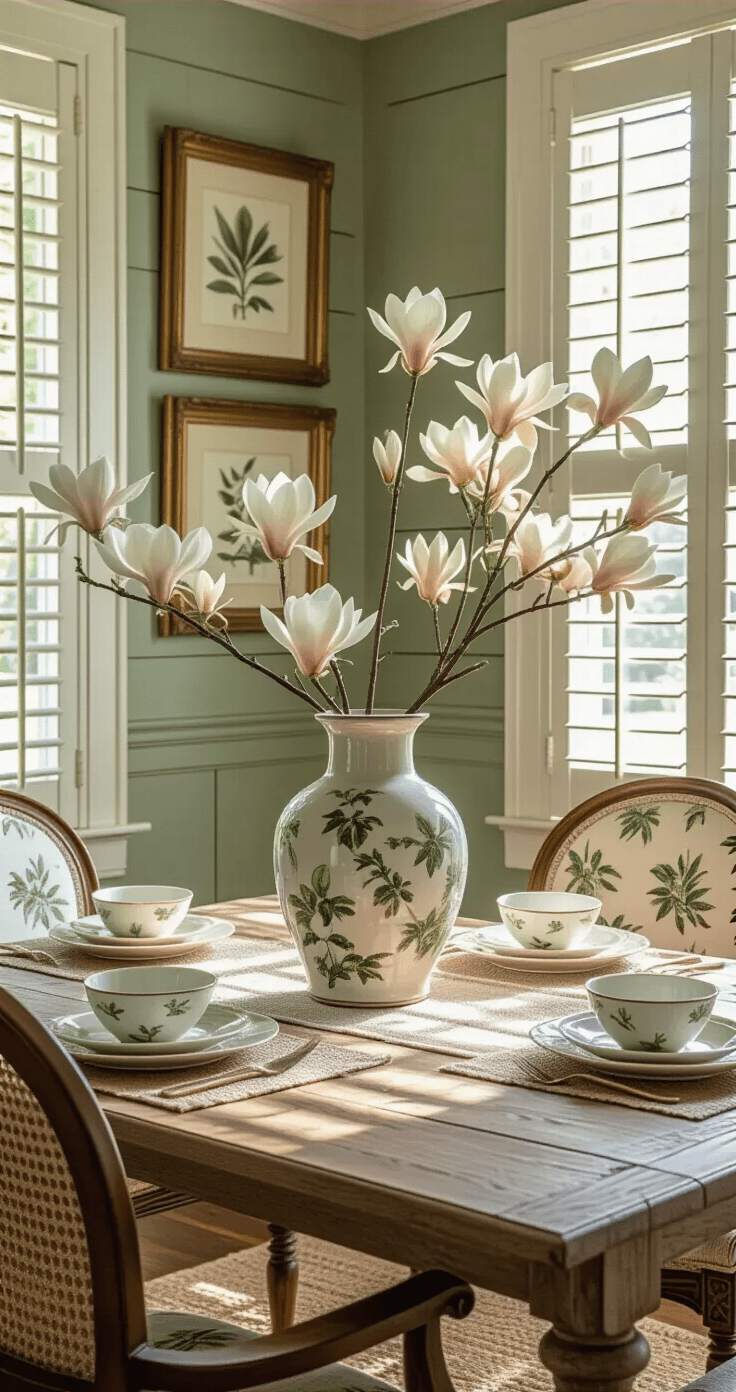 Elegant dining room with Southern magnolia branches in a ceramic vase on a weathered oak table, bathed in golden afternoon light, surrounded by botanical-print chairs, sage green shiplap wall, and vintage botanical prints, creating a warm, sophisticated atmosphere.