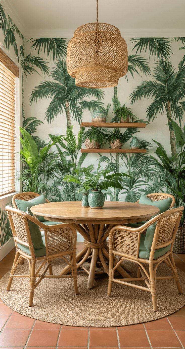 A tropical dining room with palm tree wallpaper, bamboo blinds, a round teak table for six, rattan chairs with sage green cushions, live-edge floating shelves with tropical plants, woven pendant light, terra cotta tile flooring, and brass accents, all bathed in warm mid-afternoon light.