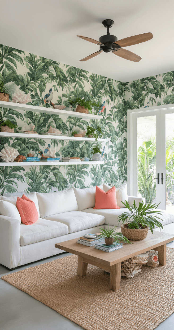 Spacious open concept living area with removable tropical wallpaper, white floating shelves displaying coastal decor, light gray sectional sofa with colorful pillows, natural wood coffee table, and polished concrete floors, all bathed in bright midday light.