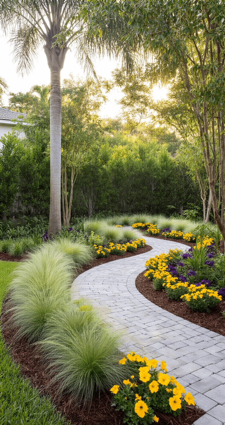 Professional landscape renovation in a Florida front yard, featuring young native plants, repetitive groupings of Muhly grass, a curved walkway of concrete pavers, seasonal yellow and purple flowers in decorative planters, and natural wood mulch, captured from a second-story angle highlighting the design's thoughtful spacing and balance.