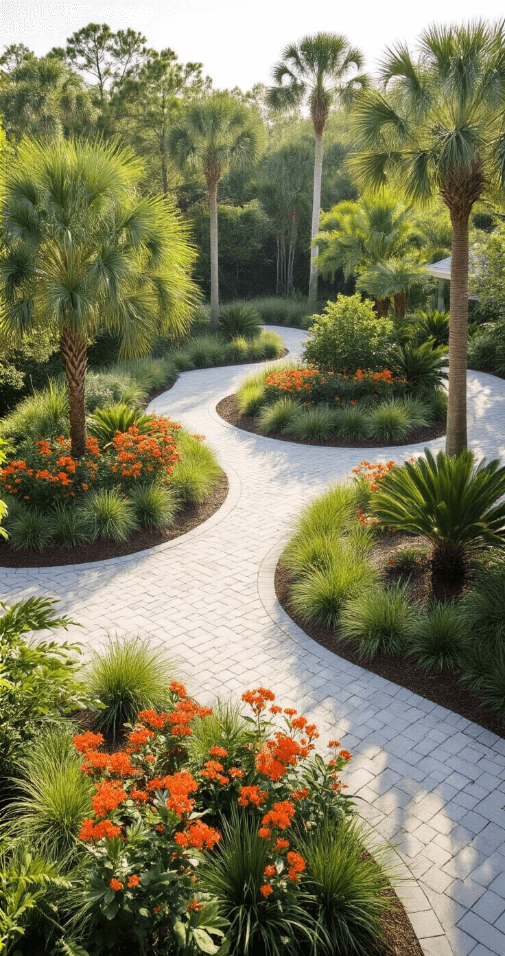 Wide-angle aerial view of a drought-tolerant Florida landscape design with clustered Firebush and ornamental grasses, a warm gray permeable paver driveway leading to decorative pathways, and strategically placed palms providing shade, all under bright midday sun.