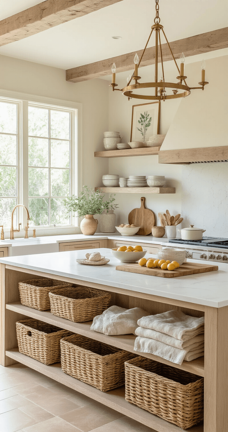 Bright Florida kitchen filled with afternoon light, featuring light wood surfaces, smooth quartz counters, and rustic wooden cutting boards. Linen towels in cream, rattan baskets on open shelves, and a brass chandelier above the island enhance the warm atmosphere. Large windows invite sunlight, complemented by botanical wall prints, pastel dishes, seashell accents, and bowls of citrus fruits, creating a cozy, inviting space with mixed material styling.