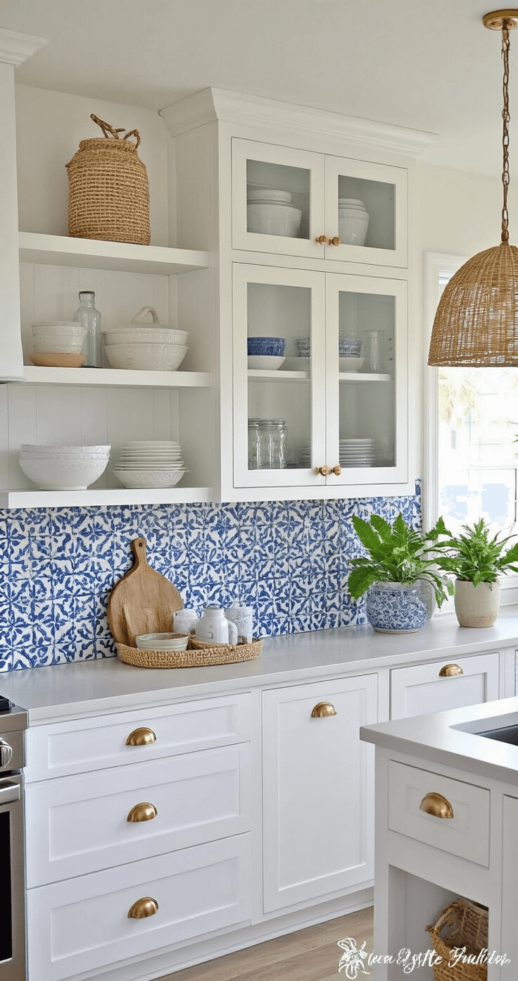 Budget-friendly kitchen transformation in Florida featuring freshly painted white cabinets with brass hardware, coastal blue peel-and-stick backsplash, styled countertops with coastal accessories, open shelving with ceramic bowls and glass jars, rattan pendant light, and potted plants, creating a bright and optimistic atmosphere.
