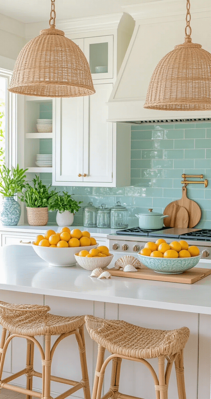 A bright and inviting summer kitchen in Florida featuring citrus fruits in ceramic bowls, seashells on the counters, light wood cutting boards with tropical fruits, white cabinets with brass pulls, seafoam green backsplash, rattan bar stools, woven pendant lights, fresh herbs in terracotta pots, and ocean blue accent pieces, all styled for a vibrant summer vibe.