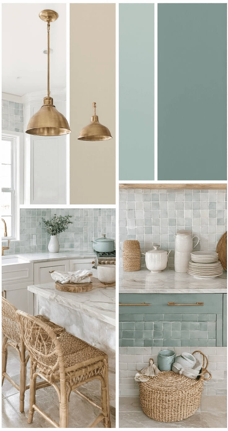 A bright Florida kitchen featuring a gradient color palette from soft ocean blues to sandy neutrals and crisp whites, accented by subtle greens. The design includes marble-pattern quartz countertops, a ceramic tile backsplash in coastal hues, rattan furniture, brass lighting, white shaker cabinets, and natural wood elements, all arranged methodically for a serene, sophisticated atmosphere.