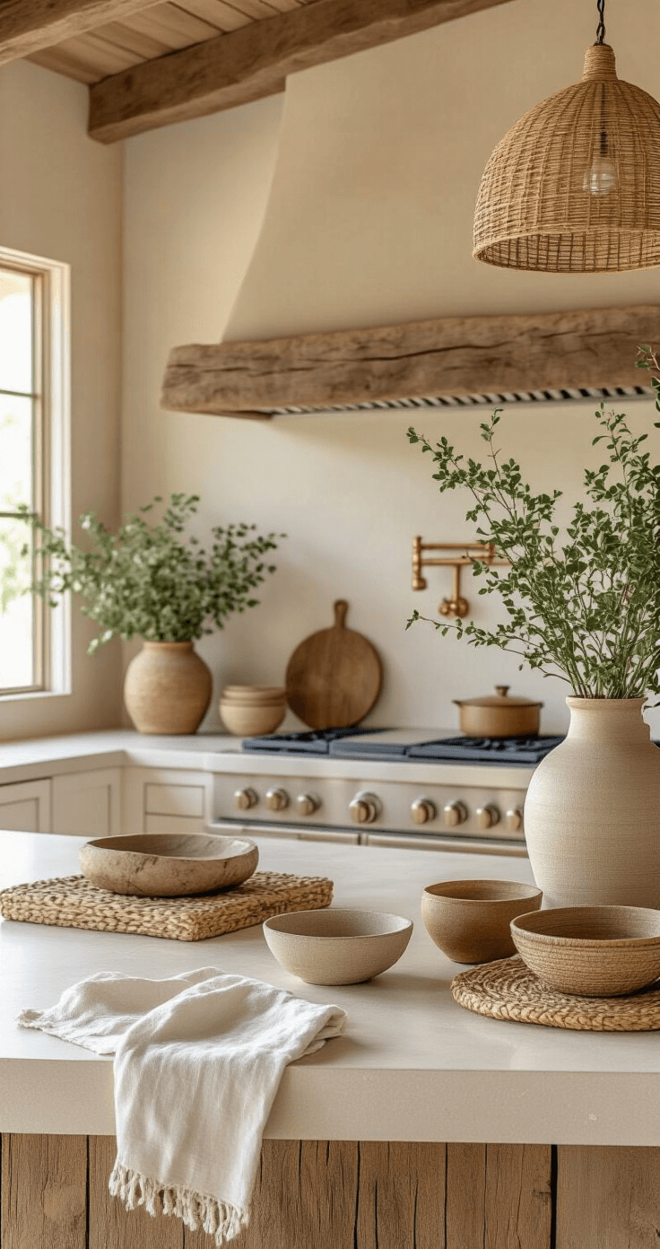 A beautifully designed Florida kitchen featuring smooth quartz counters and rough-hewn wooden elements, illuminated by warm golden hour lighting. Linen towels drape casually, while rattan storage solutions and glazed ceramic bowls add color. Glass containers catch the light, complemented by gleaming brass hardware. Woven pendant lights create intricate patterns, and potted plants enhance the organic texture. Driftwood serving pieces complete the mixed material aesthetic, showcasing close-up details of the diverse textures in a warm, inviting atmosphere.
