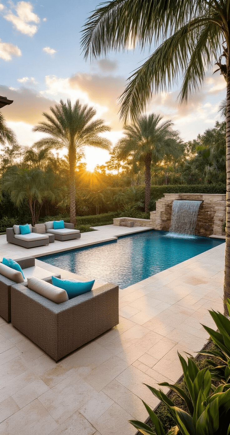 Photorealistic image of a Florida pool patio at golden hour, showcasing a crystal blue pool surrounded by a travertine deck, modern lounge furniture in warm neutrals with turquoise pillows, tropical landscaping with palm trees, and a natural stone waterfall, all bathed in dramatic golden lighting.