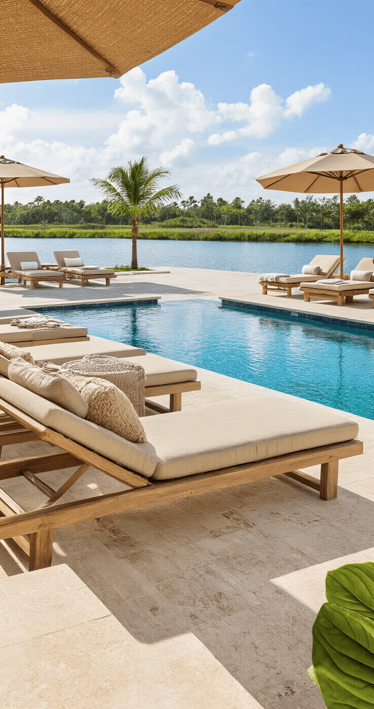 Luxurious poolside area featuring multiple chaise lounges with sand-toned woven cushions, natural teak wood accents, and oversized umbrellas, set on smooth travertine pavers beside a sparkling pool reflecting the afternoon sky under bright Florida sunshine.