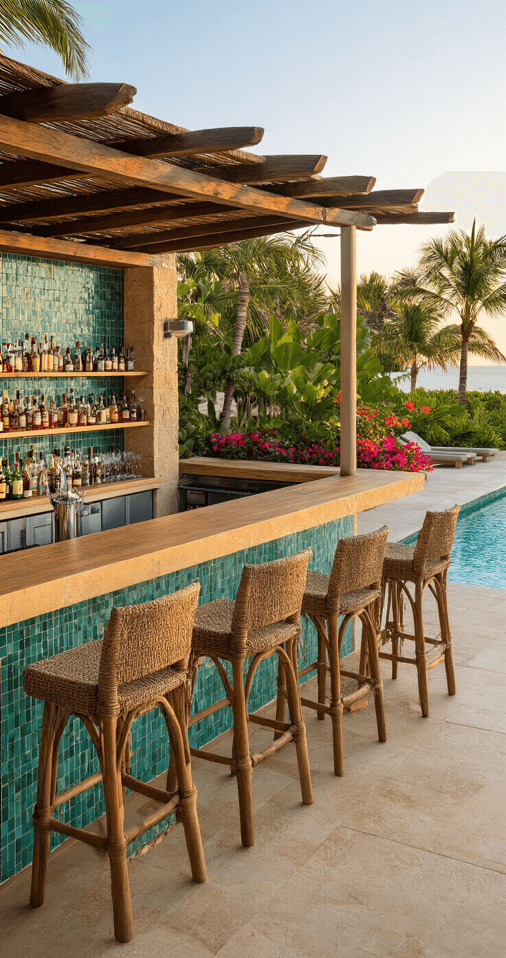 Sophisticated poolside bar featuring natural stone construction, woven bar stools, and a teak wood bar top, surrounded by tropical landscaping; golden hour lighting enhances the textures of the materials.