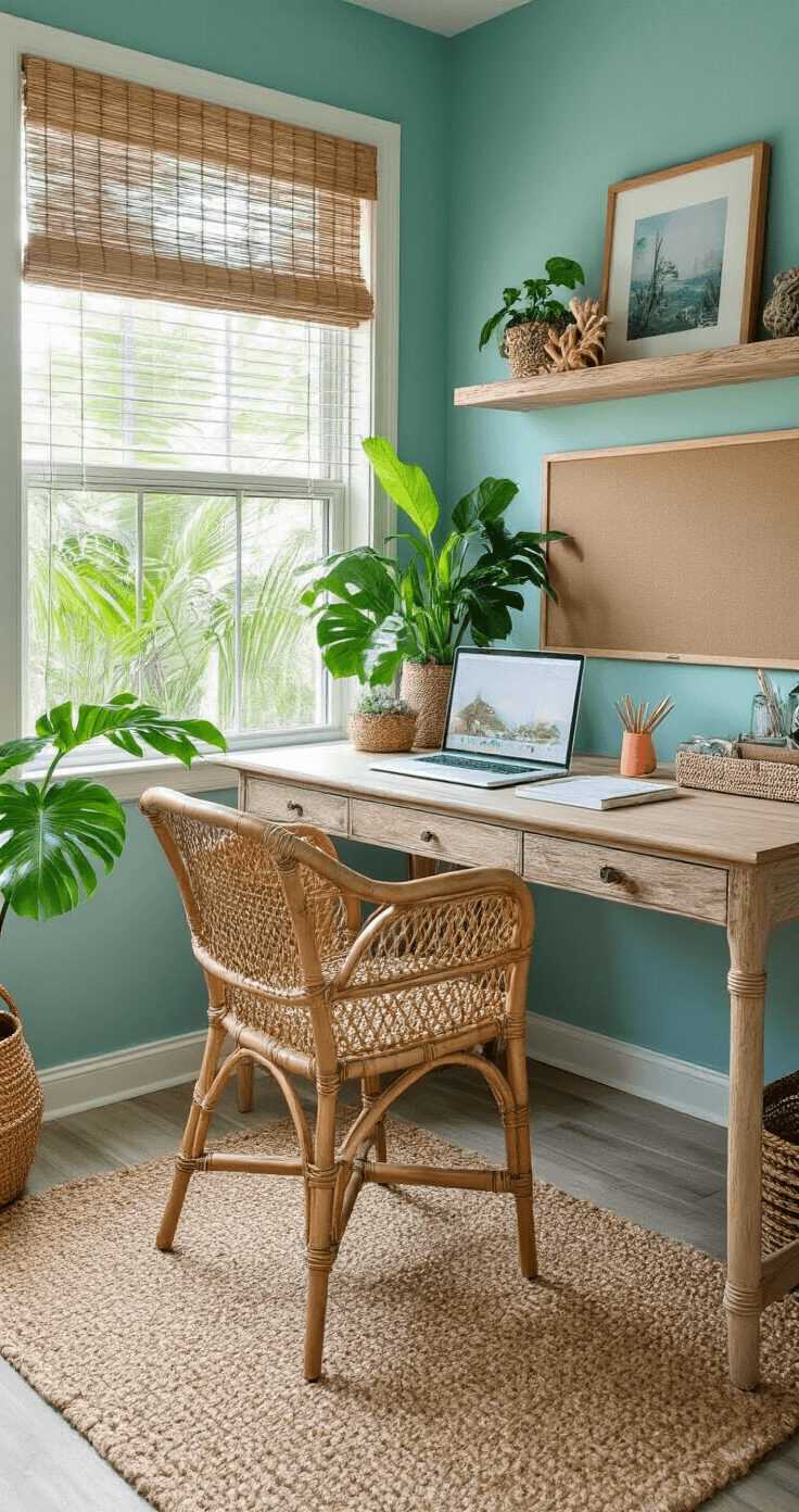 A serene tropical home office retreat in Florida, featuring filtered afternoon light through bamboo blinds, a seafoam accent wall, rattan desk chair, weathered wood floating shelves, coral desk accessories, a collection of tropical plants, a jute rug, glass pen holders, coastal photography prints, and a linen bulletin board, all captured from the doorway.