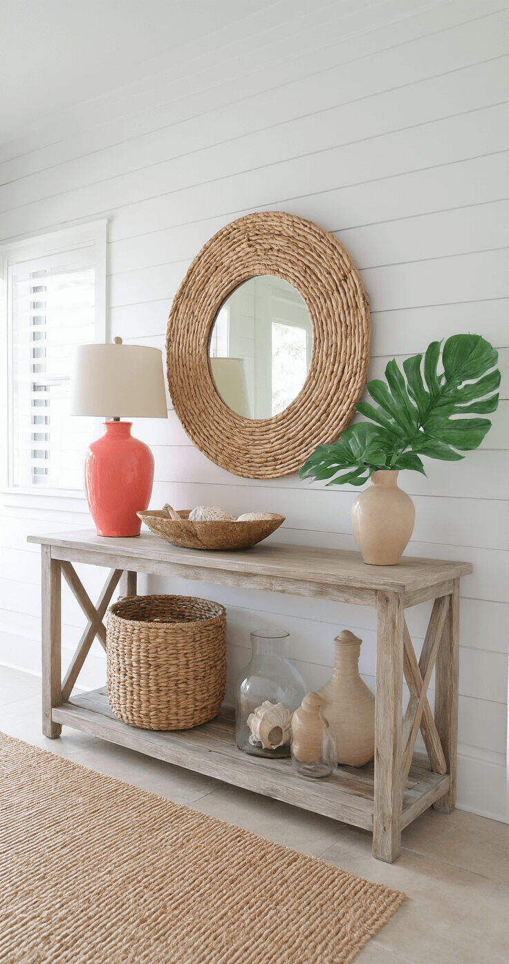Brightly lit Florida entryway featuring white shiplap walls, a weathered wood console table, a large round rattan mirror, coral ceramic lamp, tropical leaf artwork, and a jute runner rug, creating a warm coastal atmosphere with layered textures and inviting decor.