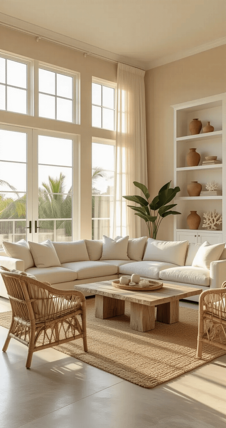 Photorealistic Florida living room featuring soft sand-beige walls, floor-to-ceiling windows, a neutral linen sectional sofa, and polished concrete floors, adorned with a weathered driftwood coffee table, jute area rug, and rattan accent chairs, illuminated by golden hour sunlight.
