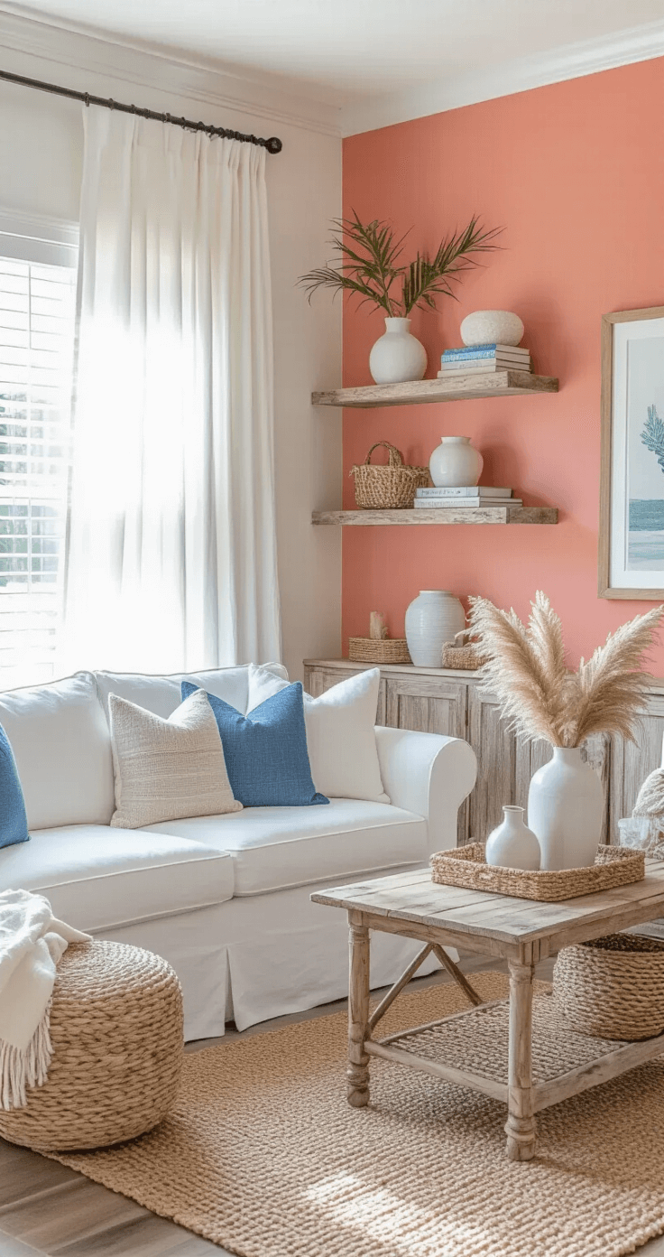 Budget-friendly transformation of a Florida living room featuring a white slipcovered sofa, DIY driftwood shelving, and a painted coral accent wall, bathed in afternoon sunlight. The 12x14ft space showcases laminate wood floors, a jute rug, rattan storage ottomans, and coastal blue linen throw pillows. Decorative ceramic vases with pampas grass and string of pearls plants on floating shelves enhance the fresh coastal cottage atmosphere.