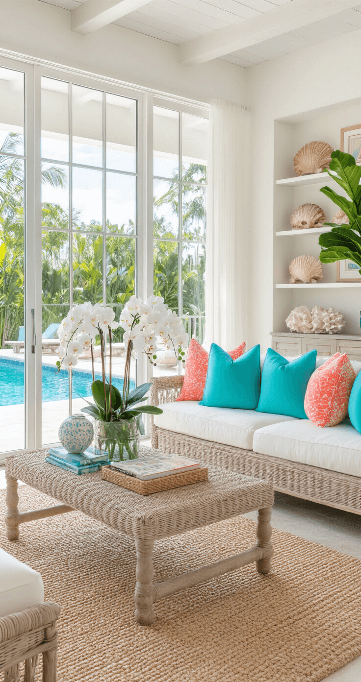Bright, summery living room in Florida featuring turquoise throw pillows, coral accents, and white orchids in glass vases. Sunlight floods through floor-to-ceiling sliding doors, illuminating a sand-colored sectional, weathered teak furniture, and a seagrass rug. Shell collections adorn built-in shelves alongside tropical leaf art and a fiddle leaf fig tree, all under an exposed beam ceiling painted white, set against terrazzo floors.