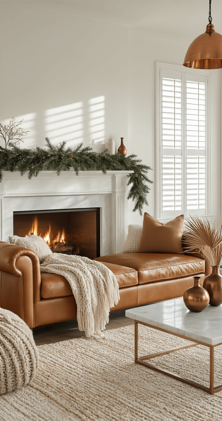 A cozy winter coastal living room featuring a warm cognac leather sofa, metallic gold accents, and an evergreen garland on the mantel. Soft afternoon light filters through plantation shutters, casting shadows on the white walls. The space includes chunky knit throws, bronze ceramic vases, and dried palm fronds, with natural wood built-ins and a marble coffee table atop layered neutral rugs. A glowing fireplace and copper pendant lights enhance the warm, sophisticated mood infused with coastal elements.