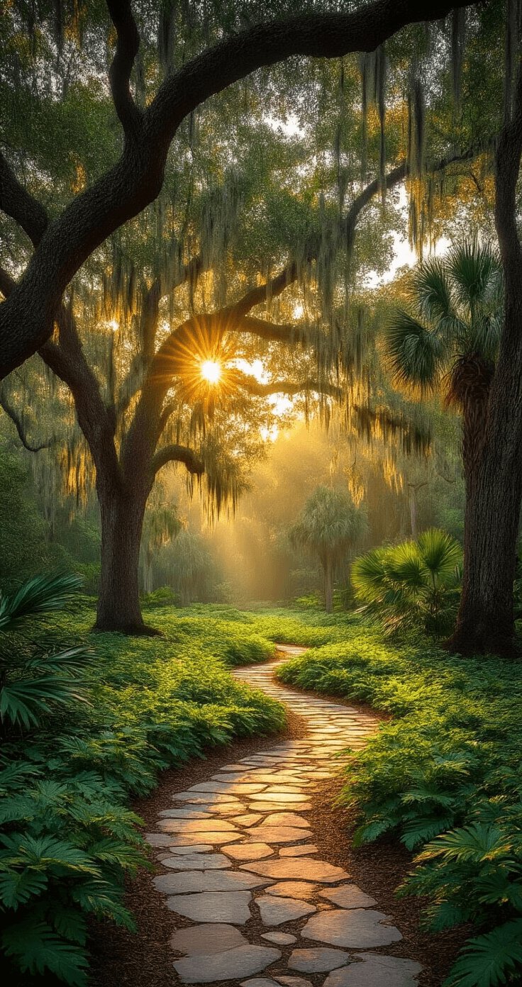 Photorealistic wide-angle view of a Florida native plant landscape at golden hour, showcasing a majestic Live Oak canopy, mature Sabal Palms, and layered Coontie groundcover, with a natural stone pathway winding through the rich emerald and sage green foliage, illuminated by warm amber highlights.
