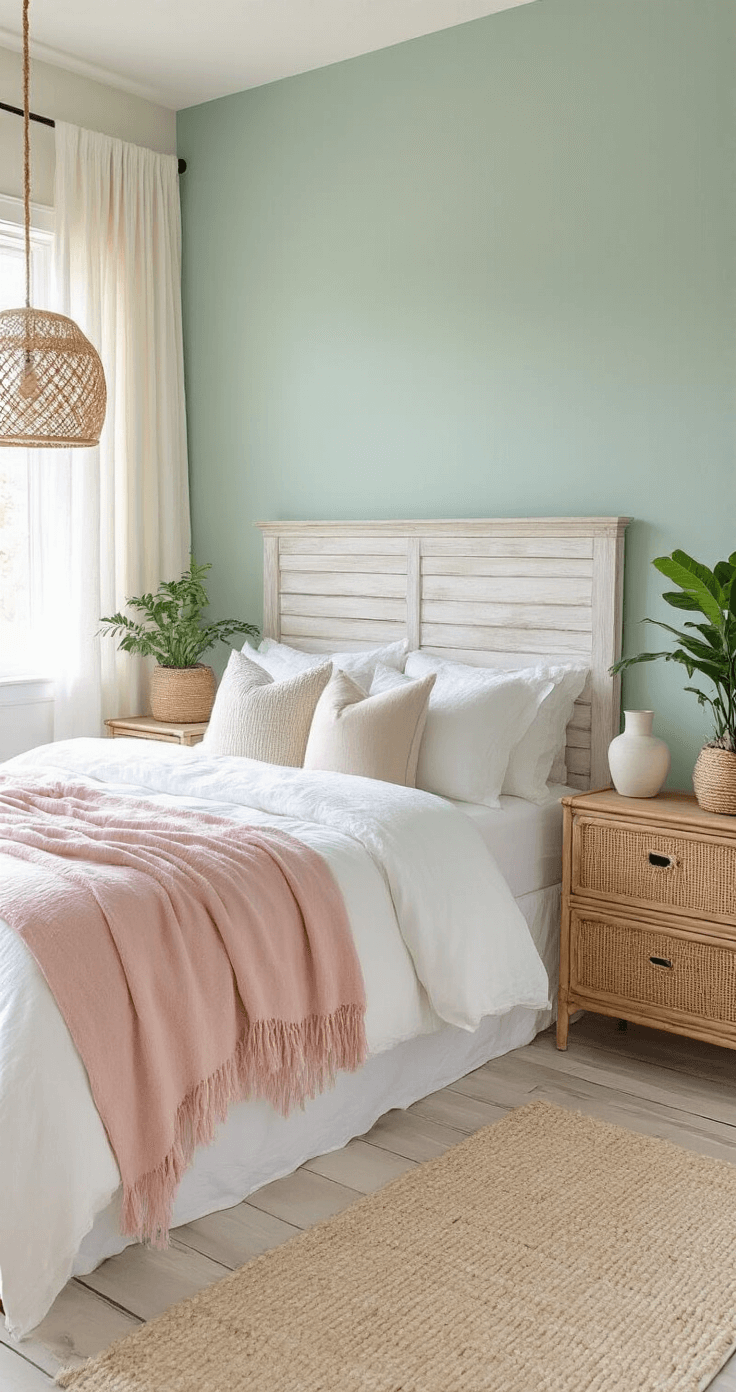A serene bedroom sanctuary featuring a pale seafoam green accent wall, whitewashed wooden headboard, soft morning light through linen curtains, vintage rattan nightstands with ceramic lamps, layered white cotton bedding with a sunset pink throw blanket, an asymmetrical jute pendant light, tropical plants in a seagrass basket, and weathered wood floors with a cream area rug.