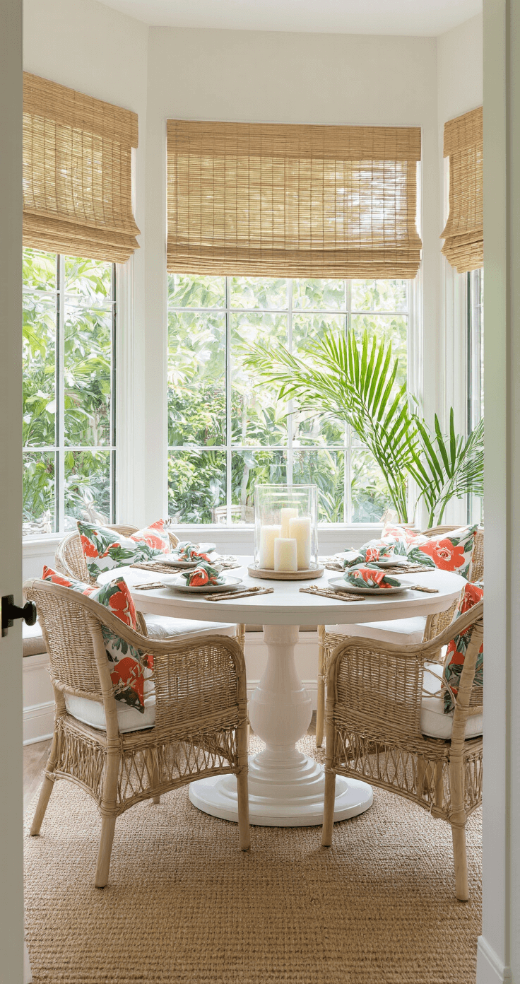 A sunlit dining nook features a round whitewashed wooden table surrounded by four wicker chairs with cream cushions, set against floor-to-ceiling windows overlooking a lush garden. A jute runner holds a glass hurricane centerpiece with white candles, while tropical print napkins in coral and sage green add color. Natural bamboo roman shades are partially lowered, and a potted palm in the corner adds height, all captured in soft, filtered natural light.