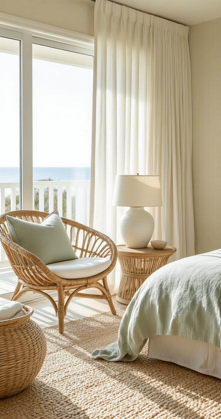 Bright coastal bedroom interior with floor-to-ceiling windows, featuring organic rattan furniture, a curved accent chair, bamboo side table, textured white ceramic lamps, and woven seagrass baskets, all in a cream and sage green color palette, with billowing linen curtains and a spacious ambiance.