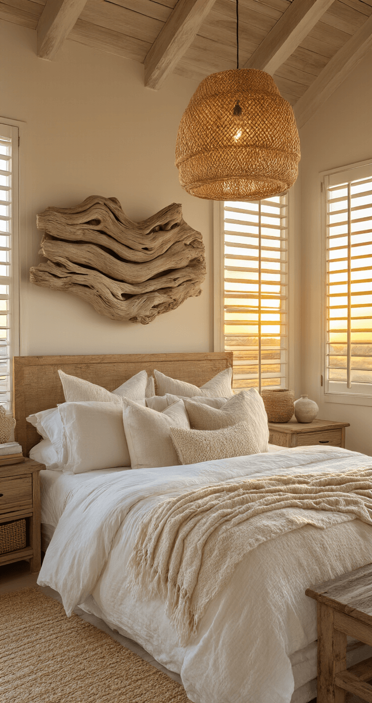 Tropical bedroom sanctuary illuminated by warm amber light at sunset, featuring a rattan pendant light over a bed with neutral layered bedding, coastal decor on weathered wood nightstands, driftwood wall art, and natural fiber throws, all captured from a low angle to emphasize ceiling height and architectural details.