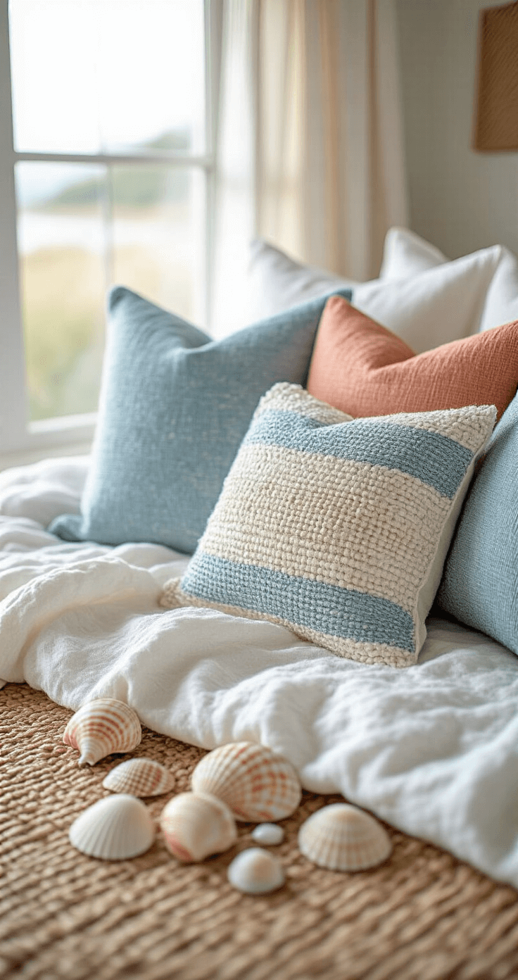 Close-up of a coastal bedroom vignette featuring textured throw pillows in ocean blues and coral tones, placed on a woven jute rug. A rustic wood surface holds a collection of seashells and beach glass, complemented by fresh white linens with sandy beige accents, all captured in soft morning light with shallow depth of field highlighting layered textures.