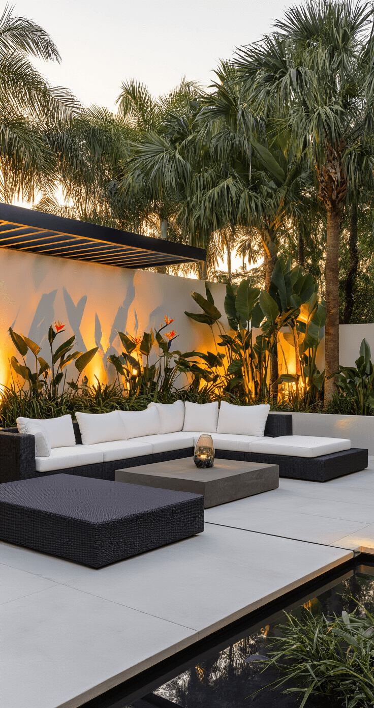 A tropical modern Florida backyard during golden hour featuring a sleek charcoal outdoor sectional with white cushions on a polished concrete patio, geometric planters with bird of paradise and palms, a clean-lined pergola casting dramatic shadows, warm amber lighting, and a minimalist water feature, captured from an elevated corner angle.