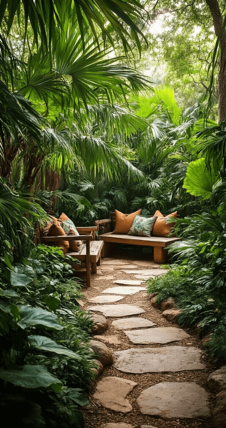 A serene jungle retreat backyard sanctuary featuring dense saw palmetto and cocoplum, rustic wooden seating surrounded by native plants, and natural stone borders defining winding pathways, all bathed in soft afternoon light with a rich emerald and earth tone palette.