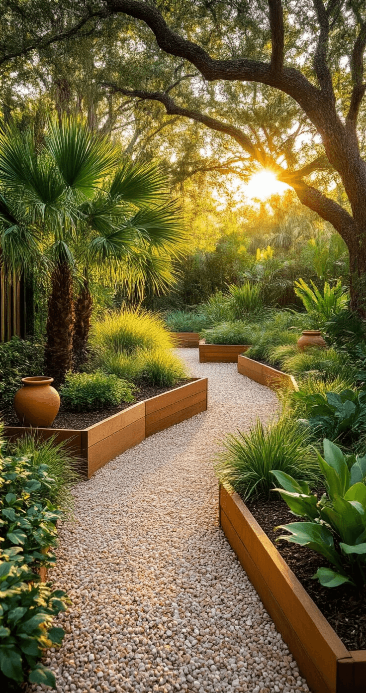 A sunny Florida garden featuring raised cedar beds filled with coontie palms and native grasses, bordered by decorative gravel pathways, with terracotta and sage green planters, captured from a walking path perspective at chest height.